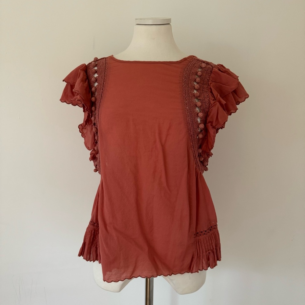 Sea NY Dusty Rose Pleated Ruffle Pompom Blouse 6